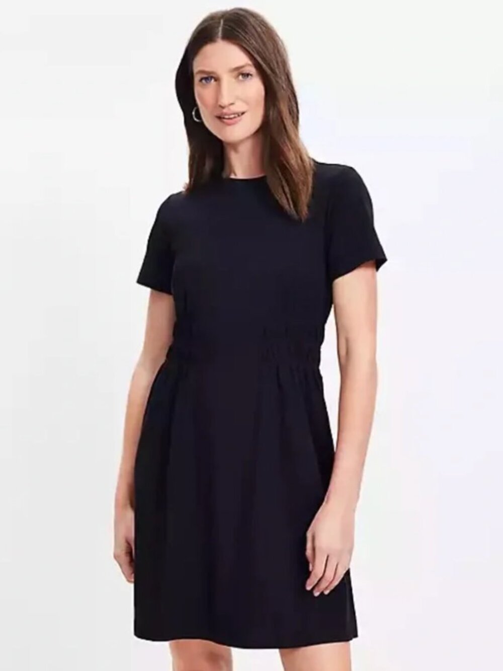 NWT - LOFT Black Short-Sleeve Knit Smocked-Waist Dress